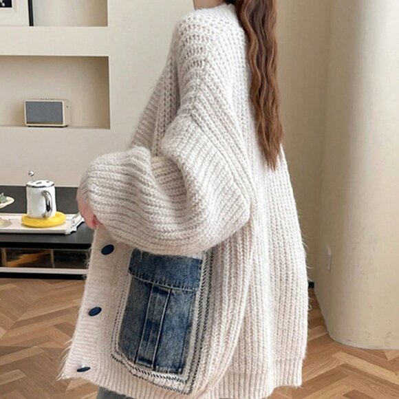 Beige Casual Womens Pocket Decor Drop Shoulder Oversized Cardigan - Picture 2 of 3